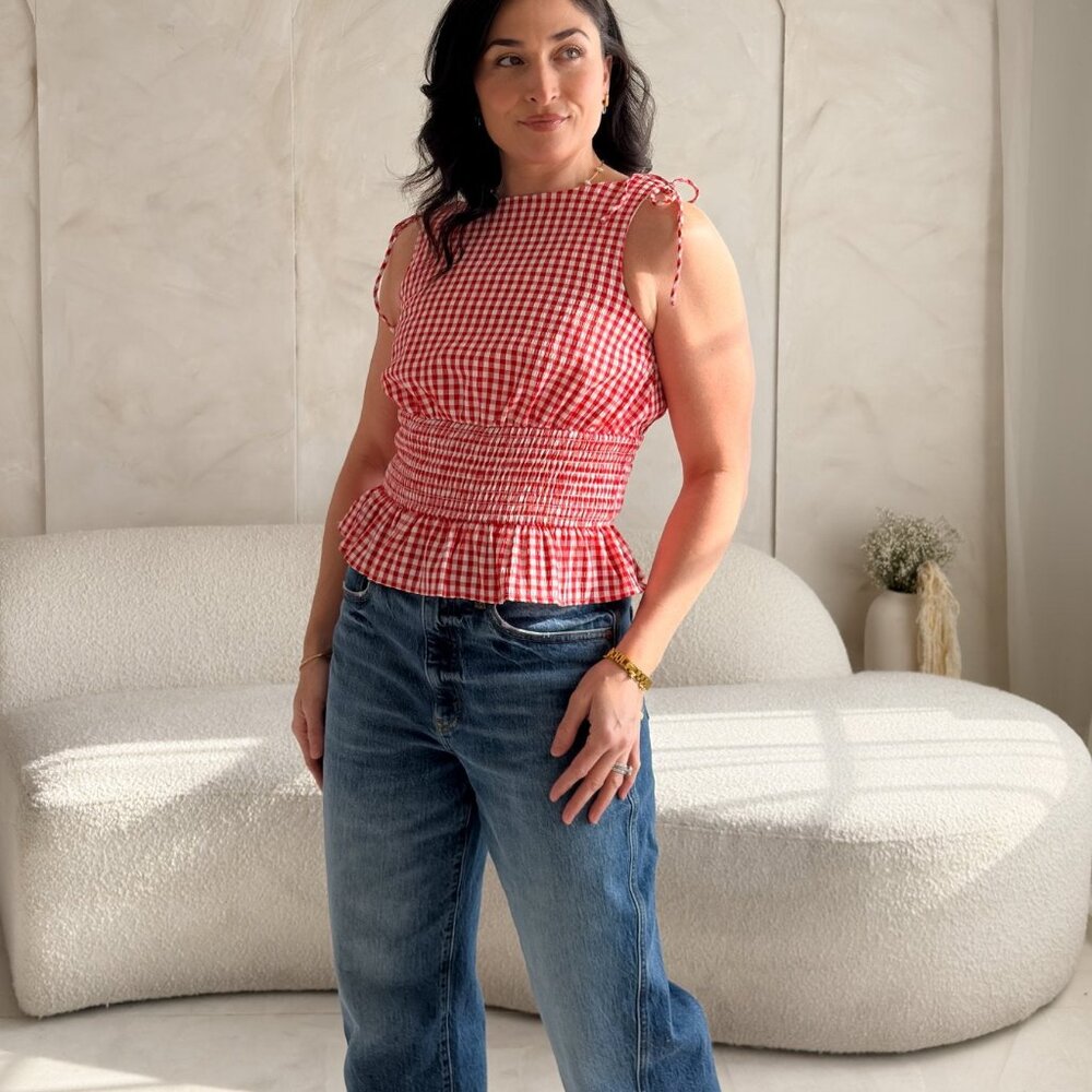 Red Gingham Smocked Peplum Blouse View 5